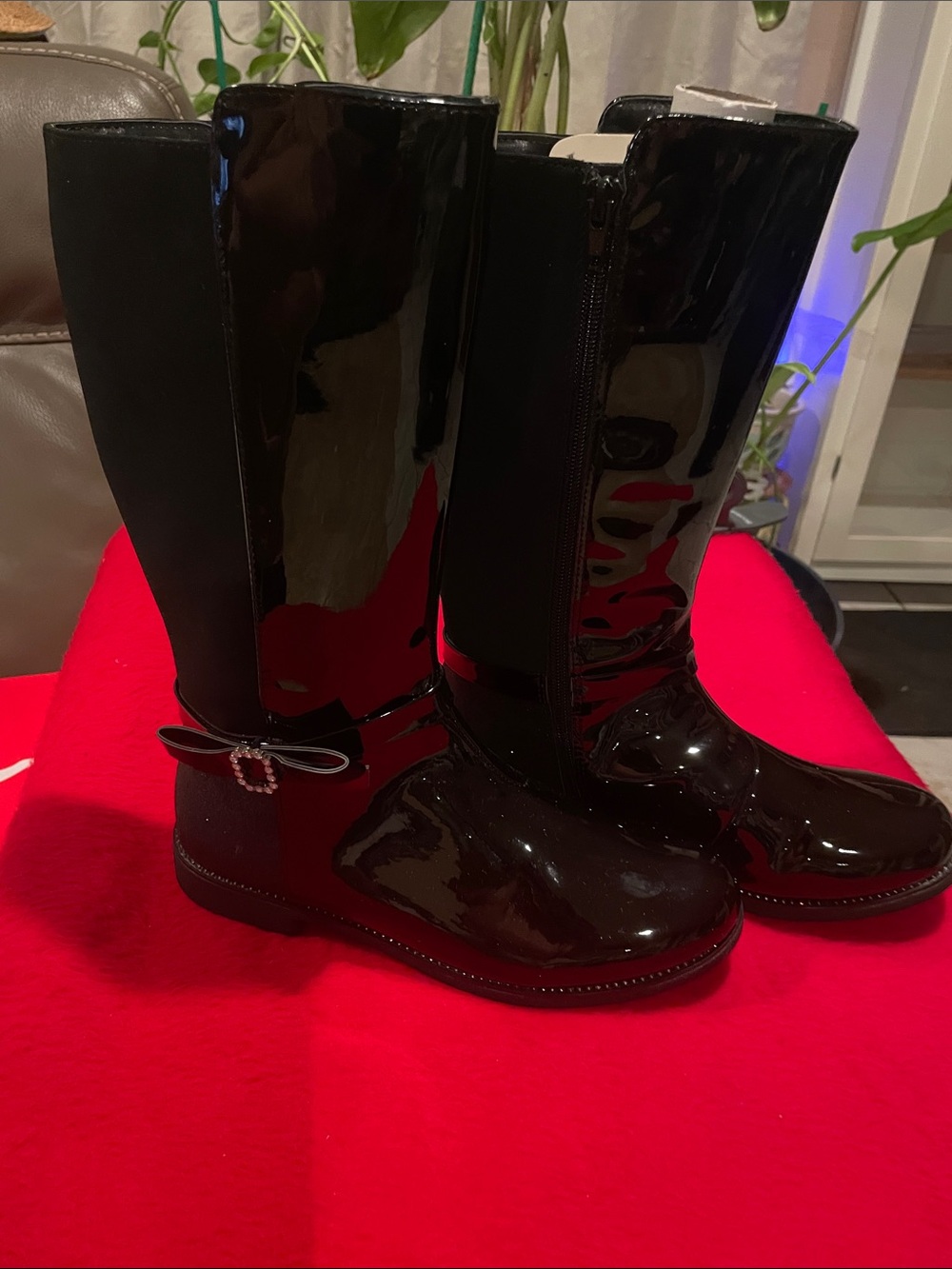 The Children's Place Black Patent Knee-High Boots with Bow Accent